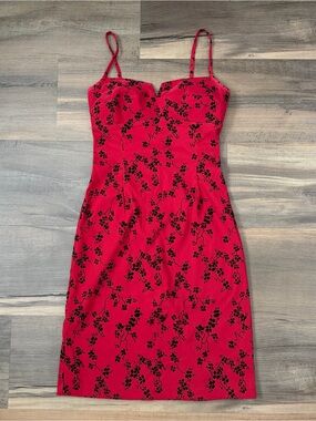 Vintage 90s Y2K La Belle Red Strappy Black Flocked Velvet Floral Midi Dress Sz 7